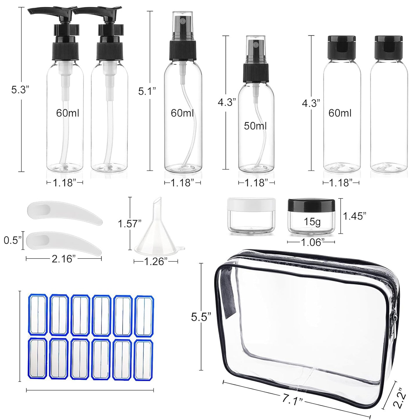 13 Pack 2oz TSA Approved Toiletry Bottles Leak Proof Travel Kit for Women Men TSA Clear Toiletry