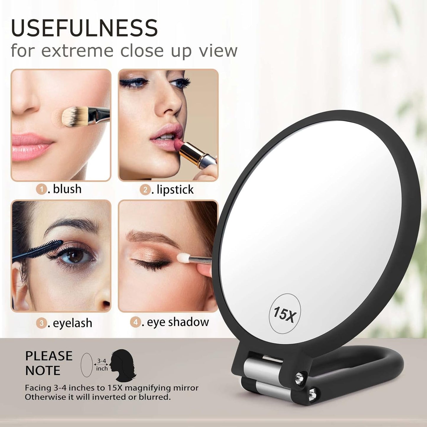 Handheld Mirror Double Sided 1X 15X Magnification Hand Mirrors, Travel Folding Hand Held Mirror