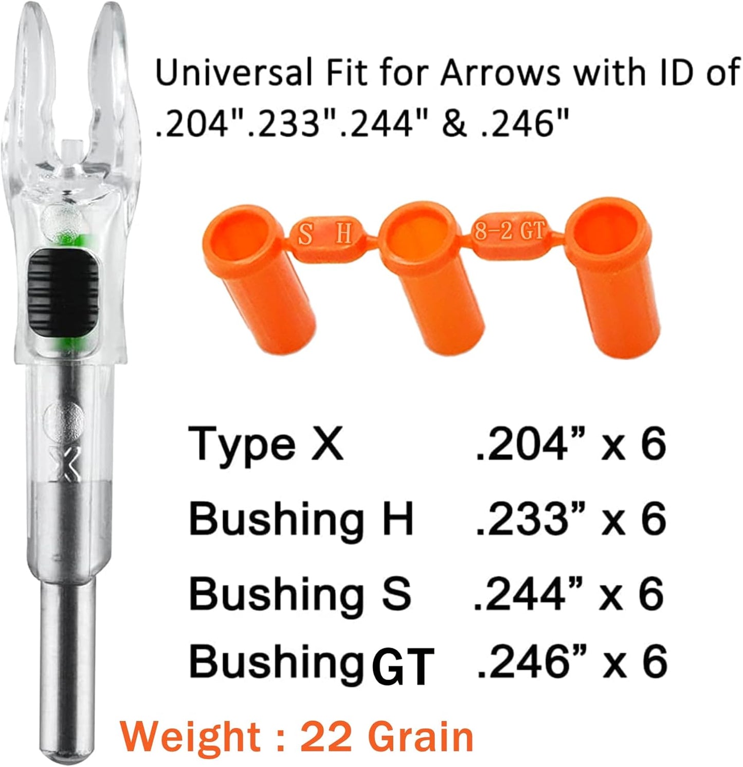 6PCS X Lighted Nocks for Arrows with .204 .233 .244 .246 Inside Diameter with H, S, GT Bushings High-Visibility
