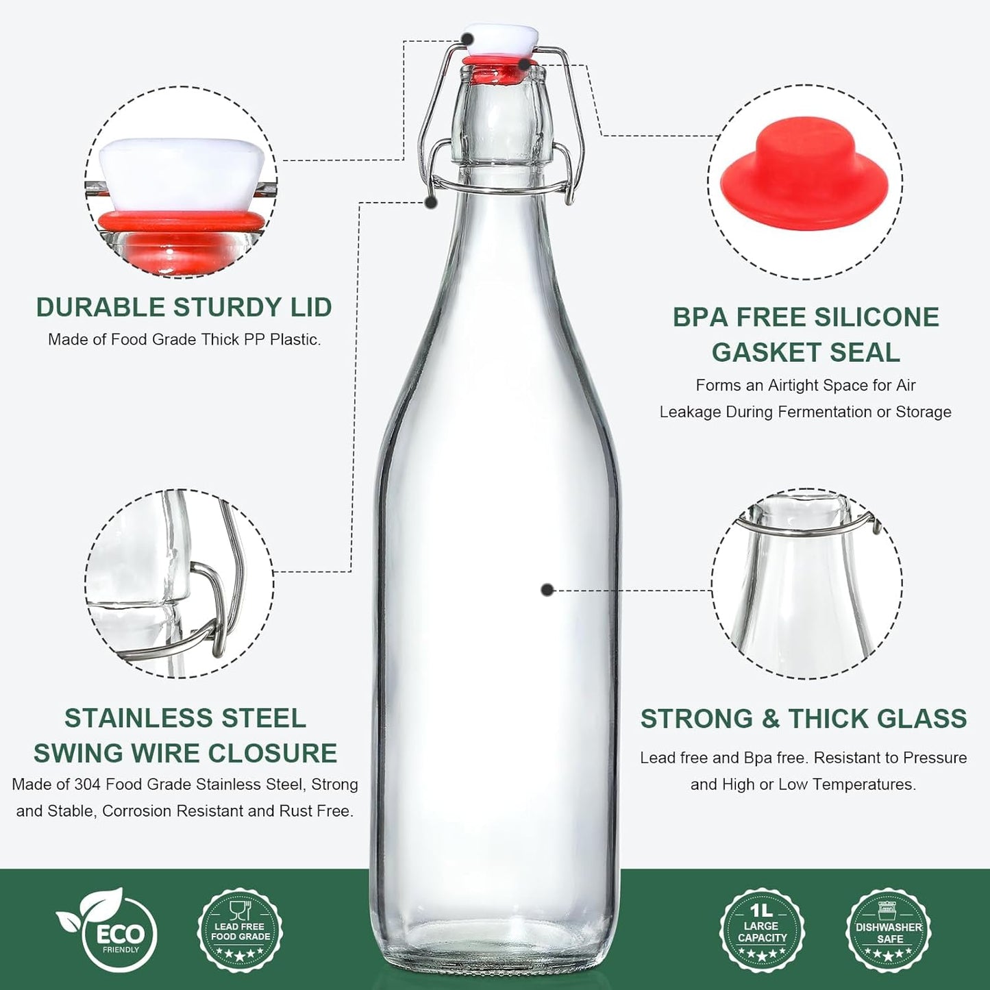 8 Pack Swing Top Glass Bottles w/ Airtight Stopper Lids – Flip Top Brewing Bottle for Fermentation, Kombucha, Mead, Vinegar