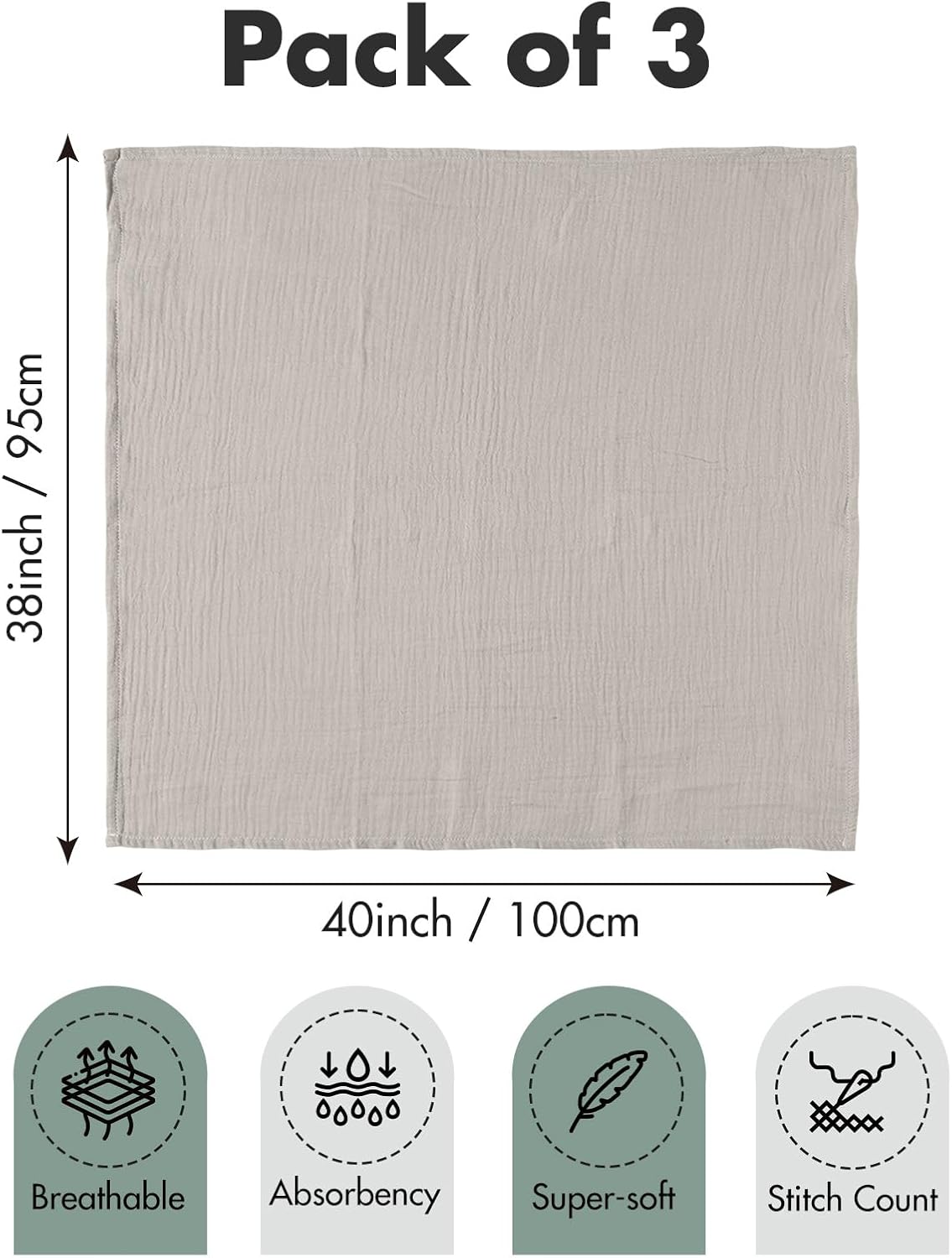 3 Pack Breathable Soft Receiving Blanket Large 38 x 40 inches Swaddle Wrap Burping Clothes