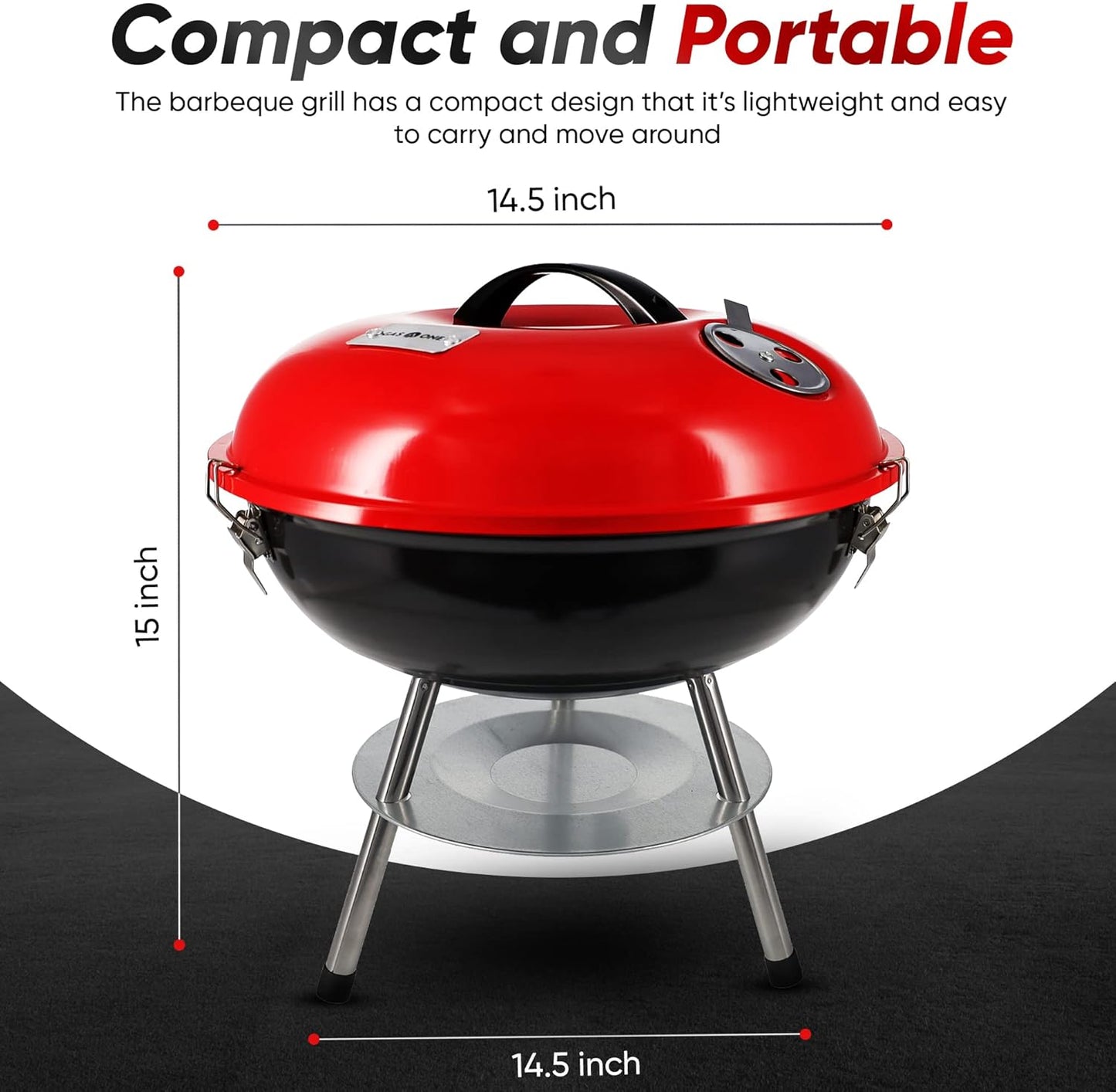 14-inch Portable Barbecue Grill with 3-Point Locking Lid for Heat Preservation Dual Venting System – Small Charcoal Grill for Backyard, Camping
