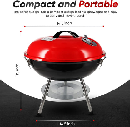 14-inch Portable Barbecue Grill with 3-Point Locking Lid for Heat Preservation Dual Venting System – Small Charcoal Grill for Backyard, Camping
