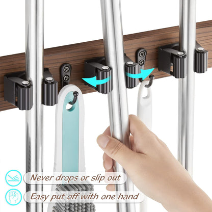 Rustic Wood Broom Mop Hanger Wall Mounted Garden Tool Rack Organizer for Closet Garage