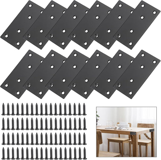 12Pcs Stainless Steel Flat Plates with Screws,4x2 Inch Sturdy Metal Flat Straight Brace Bracket, Black Metal Brace