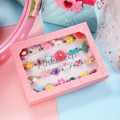 Little Girl Jewel Rings in Box Adjustable No Duplication Girl Pretend Play and Dress Up Rings
