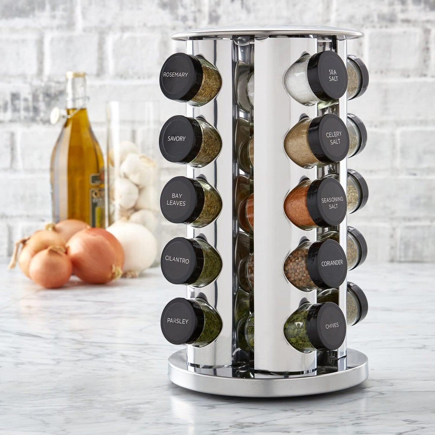 20 Jar Revolving Countertop Spice Rack with Spices Included Polished Stainless Steel with Black Caps