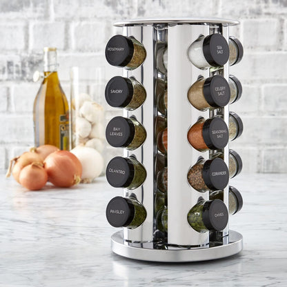 20 Jar Revolving Countertop Spice Rack with Spices Included Polished Stainless Steel with Black Caps