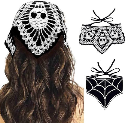 2 Pcs Black Skull Headbands Crochet Bandanas Headband Web Gothic Head Scarf Halloween Hair Accessories for Women