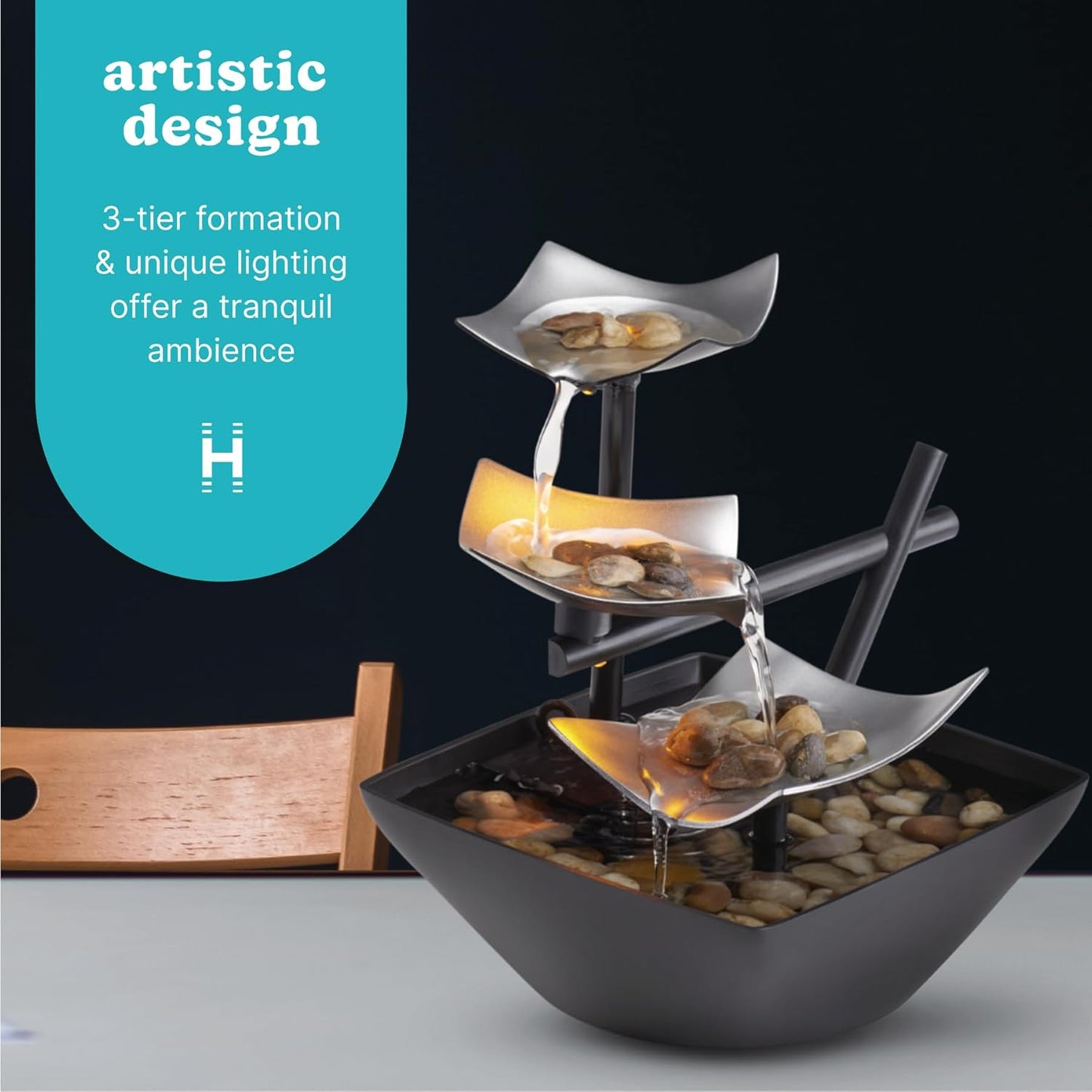 Tabletop Water Fountain Home Décor Soothing Sound Machine Automatic Pump Deep Basin & Natural River Rocks