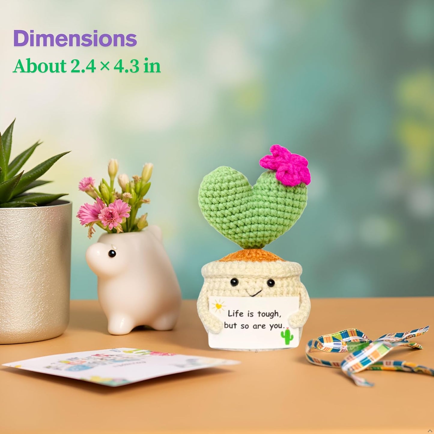 Handmade Crochet Cactus – Plush Plant Gift with Encouragement Card for Desk Decor