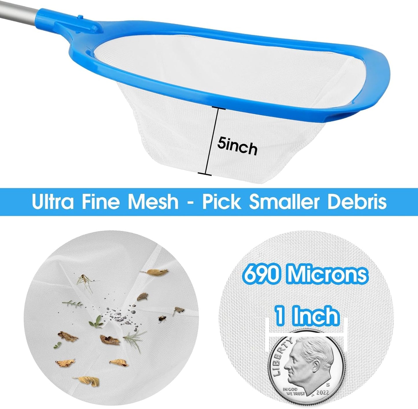 12'' Aluminum Pole Ultra Fine Mesh Net Handy Leaf Skimmer for Small Above Ground Pools Pick