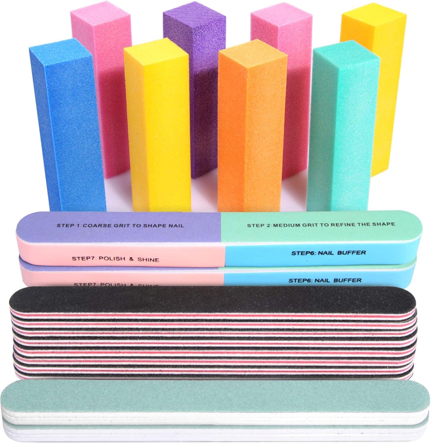 20PCS Nail File Kit Rectangular Nail Buffer Block & 100/180 Grit 7 Way Nail File