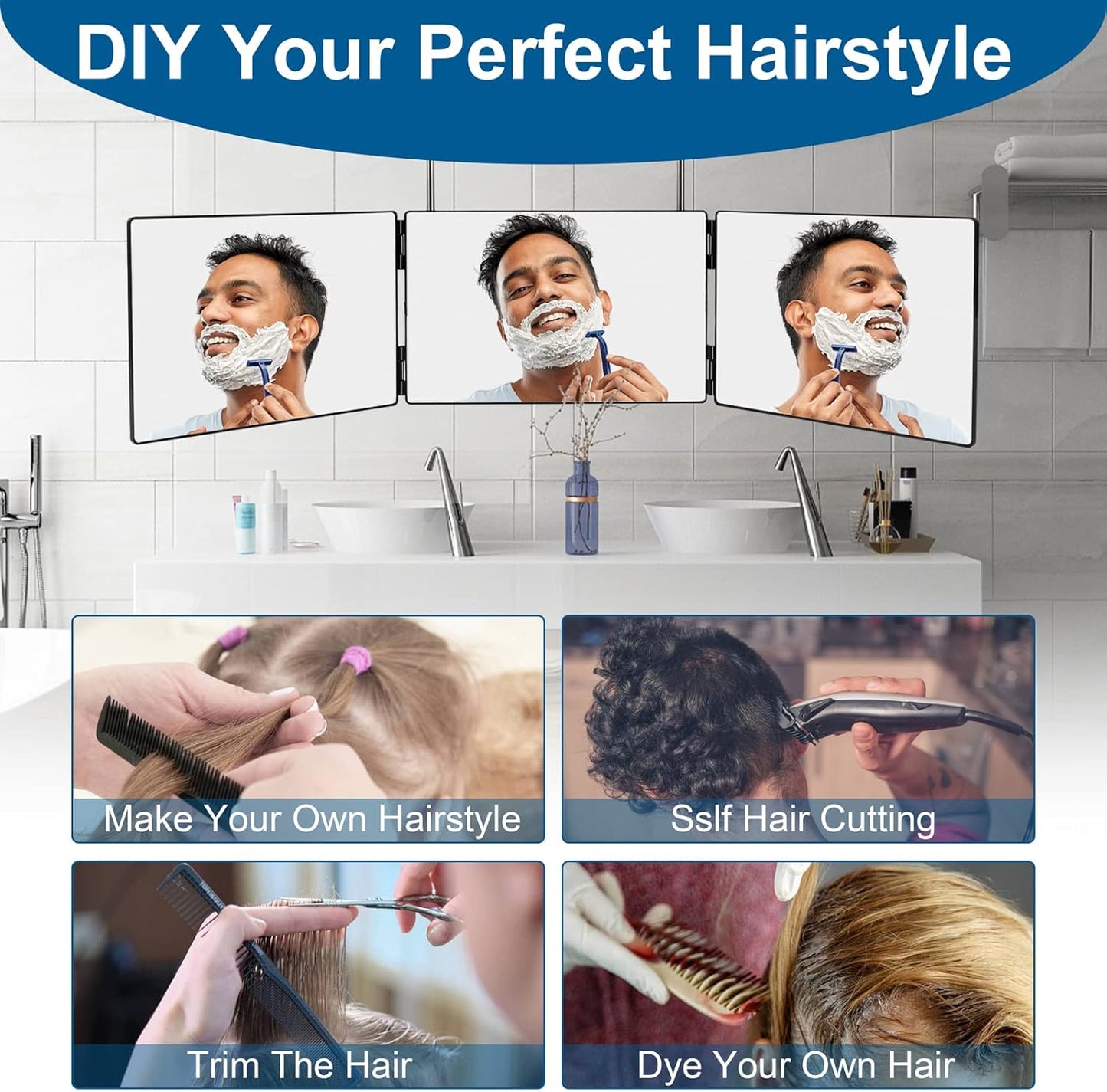360 Haircuts Men for Barber Use Tools to See Back of Head Tri Fold Mirror with Portable Height
