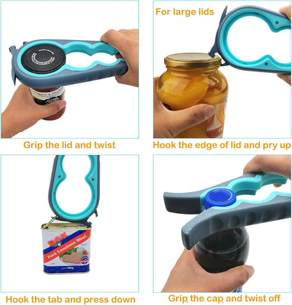 6-in-1 Jar Opener & Bottle Opener Set for Weak Hands Multi-Function Kitchen Opener Tool