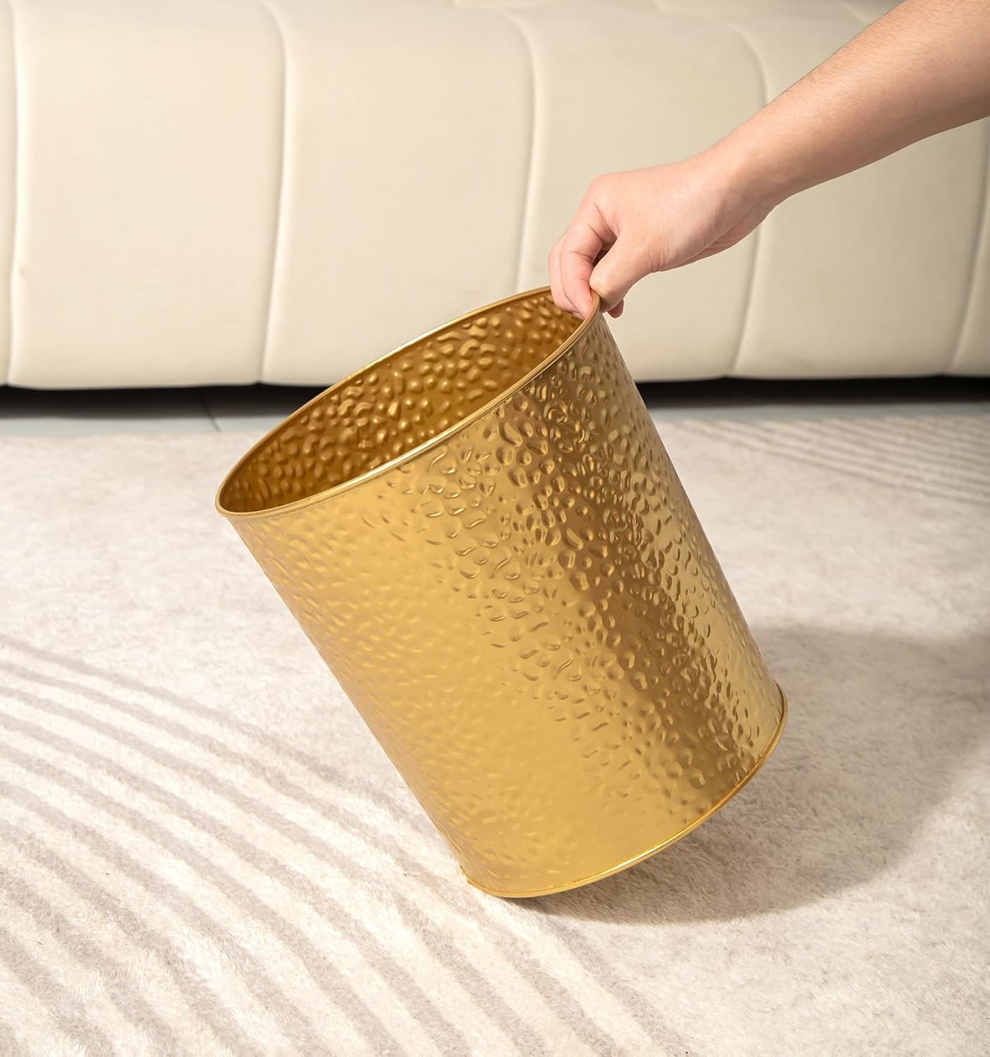Gold Hammered Metal Trash Can Wastebasket Decorative Stylish Garbage Can Waste Basket