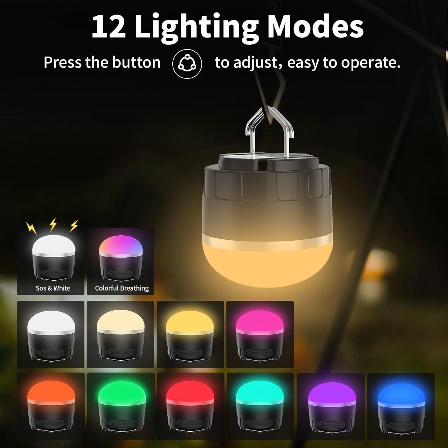 LED Camping Lantern Rechargeable 1000LM Portable Tent Light with 12 RGB Lighting Modes Power Bank Waterproof