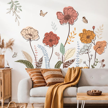 Flower Wall Stickers Wildflower Floral Grass Peel and Stick Wall Art Decals for Living Room Bedroom