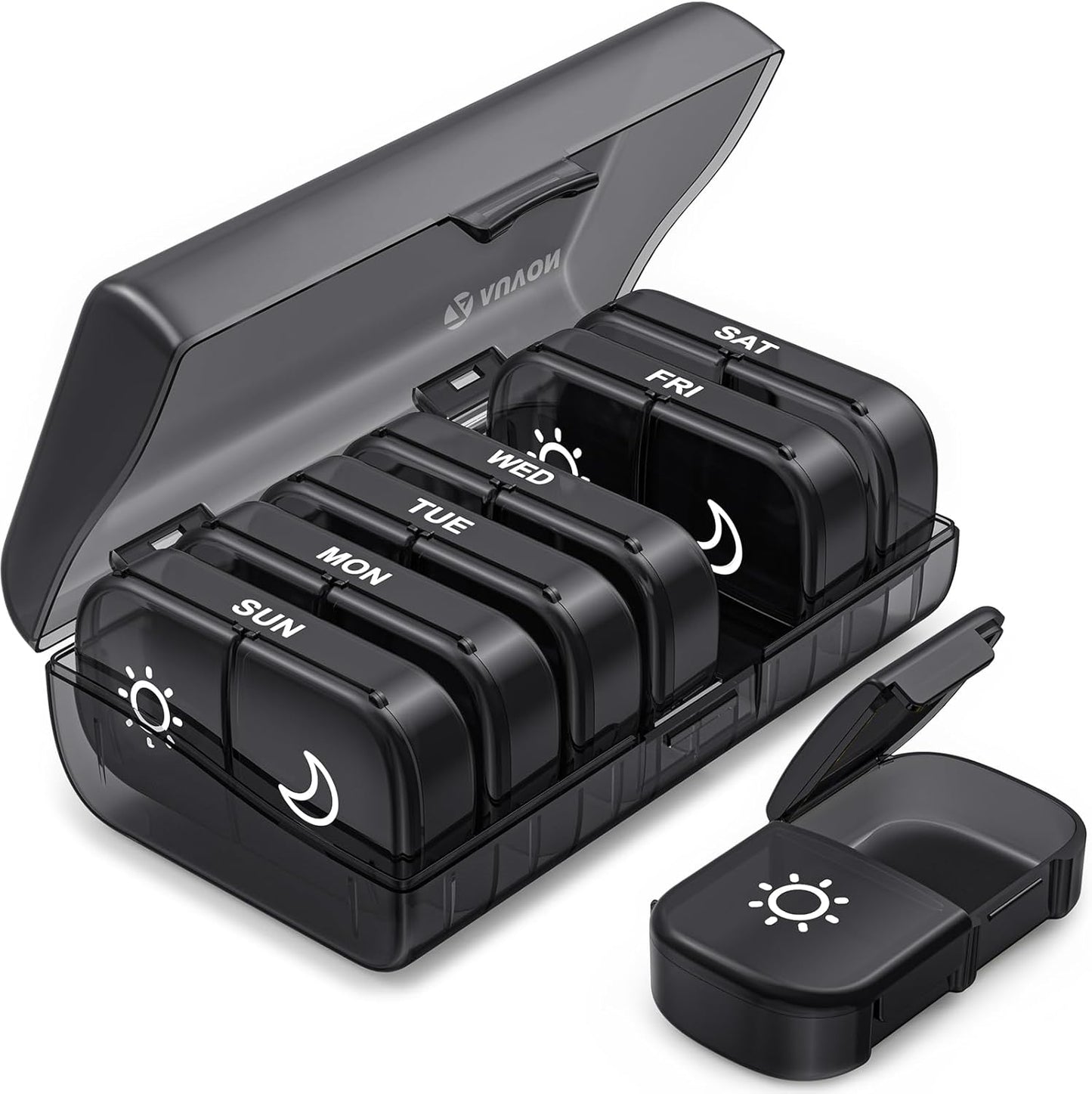 Weekly Pill Organizer 2 Times a Day, Pill Box 7 Day with One-Side Large Openings for Easy to Use, Black Privacy Protection