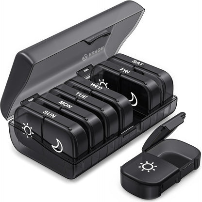 Weekly Pill Organizer 2 Times a Day, Pill Box 7 Day with One-Side Large Openings for Easy to Use, Black Privacy Protection