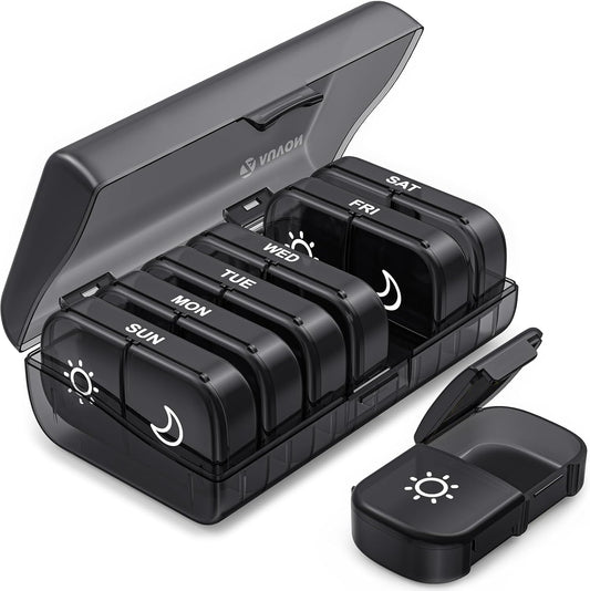 Weekly Pill Organizer 2 Times a Day, Pill Box 7 Day with One-Side Large Openings for Easy to Use, Black Privacy Protection
