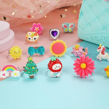 Little Girl Jewel Rings in Box Adjustable No Duplication Girl Pretend Play and Dress Up Rings