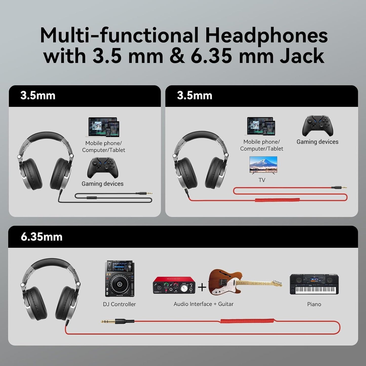 Wired Over Ear Headphones Hi-Res Studio Monitor & Mixing DJ Stereo Headsets with 50mm Drivers and 1/4 to 3.5mm Jack for AMP Computer