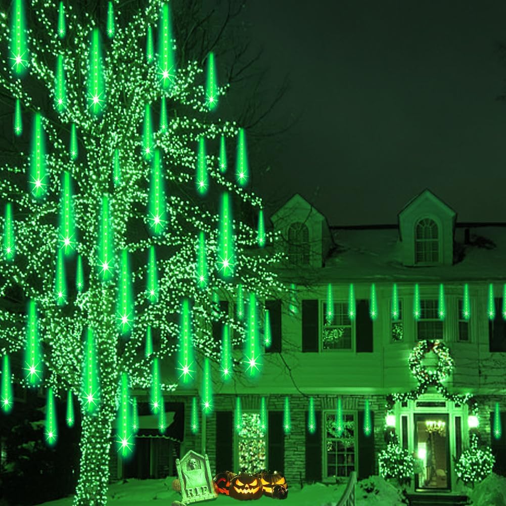 Meteor Shower Christmas Lights for Halloween Decorations 8 Tube 192 LED Snow Falling Rain Icicle String Light