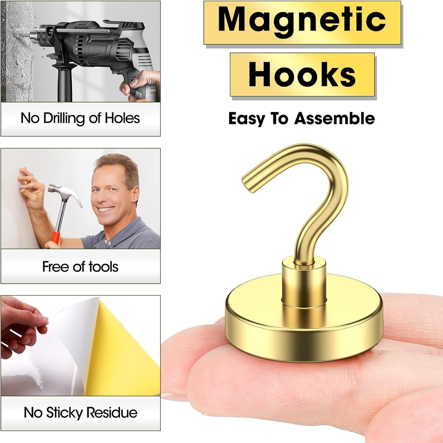 10 Pack 80LBS Gold Strong Magnet Hooks for Hanging Neodymium Magnets with Hooks