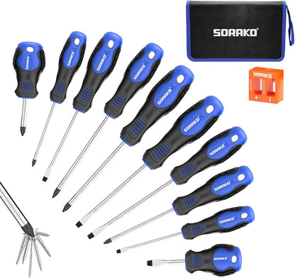 12 Piece Magnetic Screwdriver Set 5 Phillips and 5 Flat 1 Magnetising Tool 1 Storage Bag Professional Cushion
