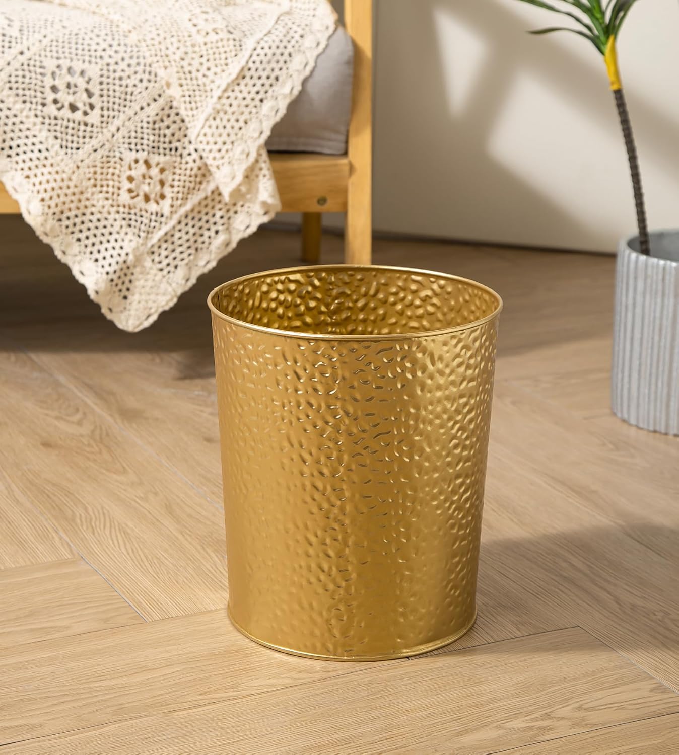 Gold Hammered Metal Trash Can Wastebasket Decorative Stylish Garbage Can Waste Basket