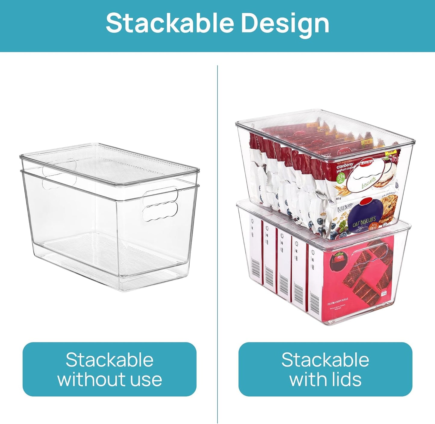 6 Pack Clear Stackable Storage Bins with Lids Large Plastic Containers with Handle for Pantry Organizer and Storage
