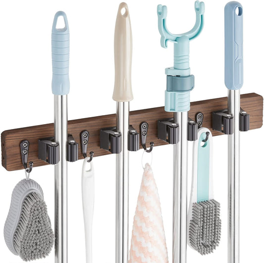 Rustic Wood Broom Mop Hanger Wall Mounted Garden Tool Rack Organizer for Closet Garage