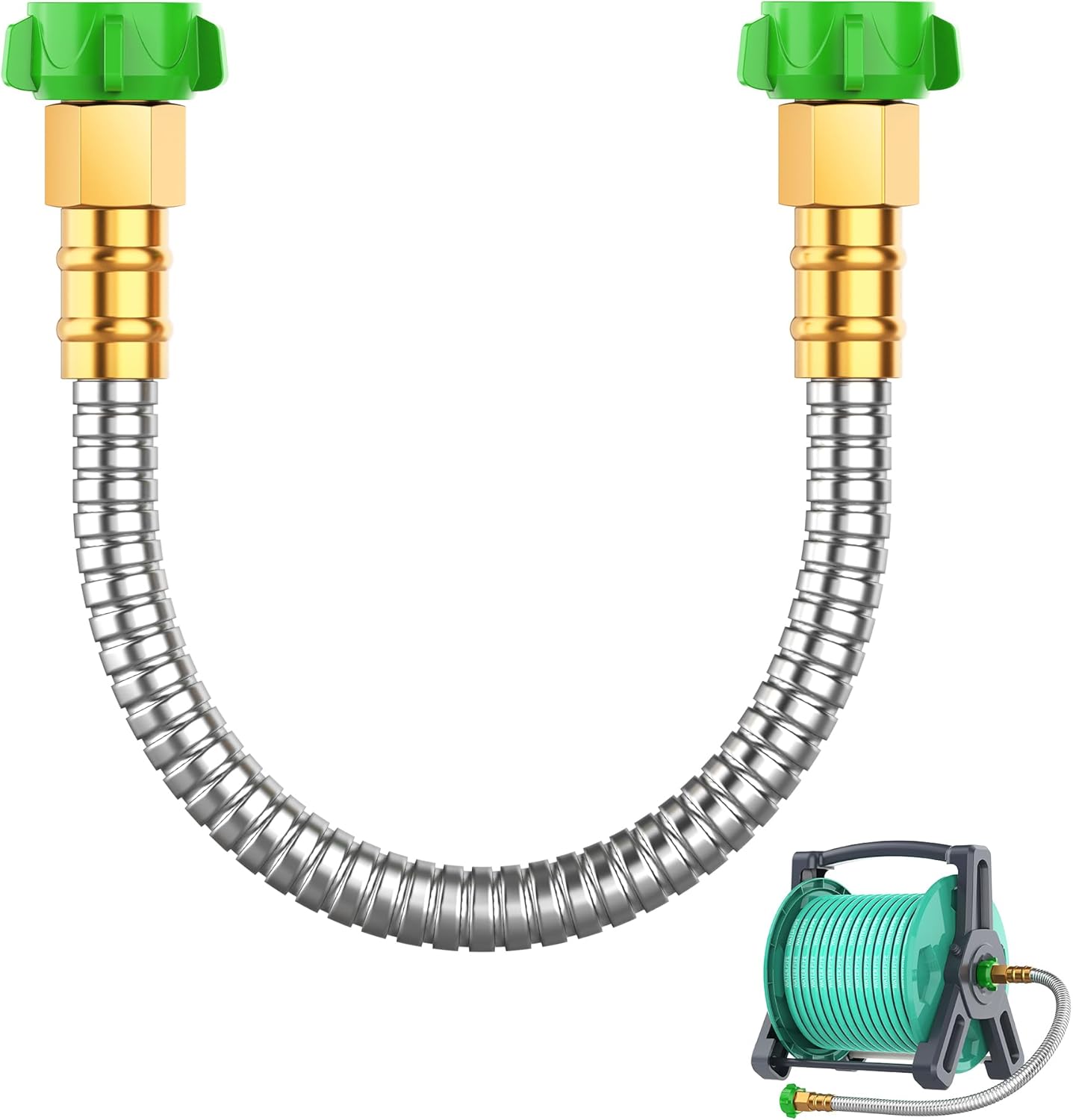 Garden Hose 2 ft with Female to Female Connector Stainless Steel Small Leader Hose for Hose Reel, Long, Flexible