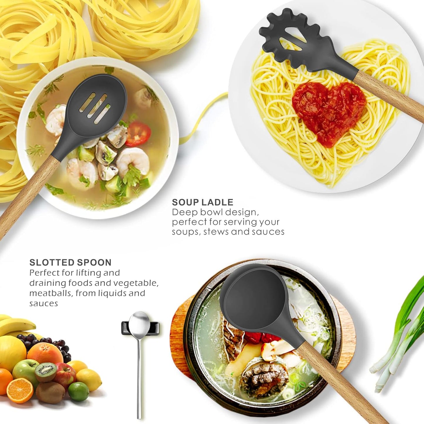 Kitchen Utensil Set 446°F Heat Resistant Silicone Kitchen Utensils Set Spatula Turner Tongs