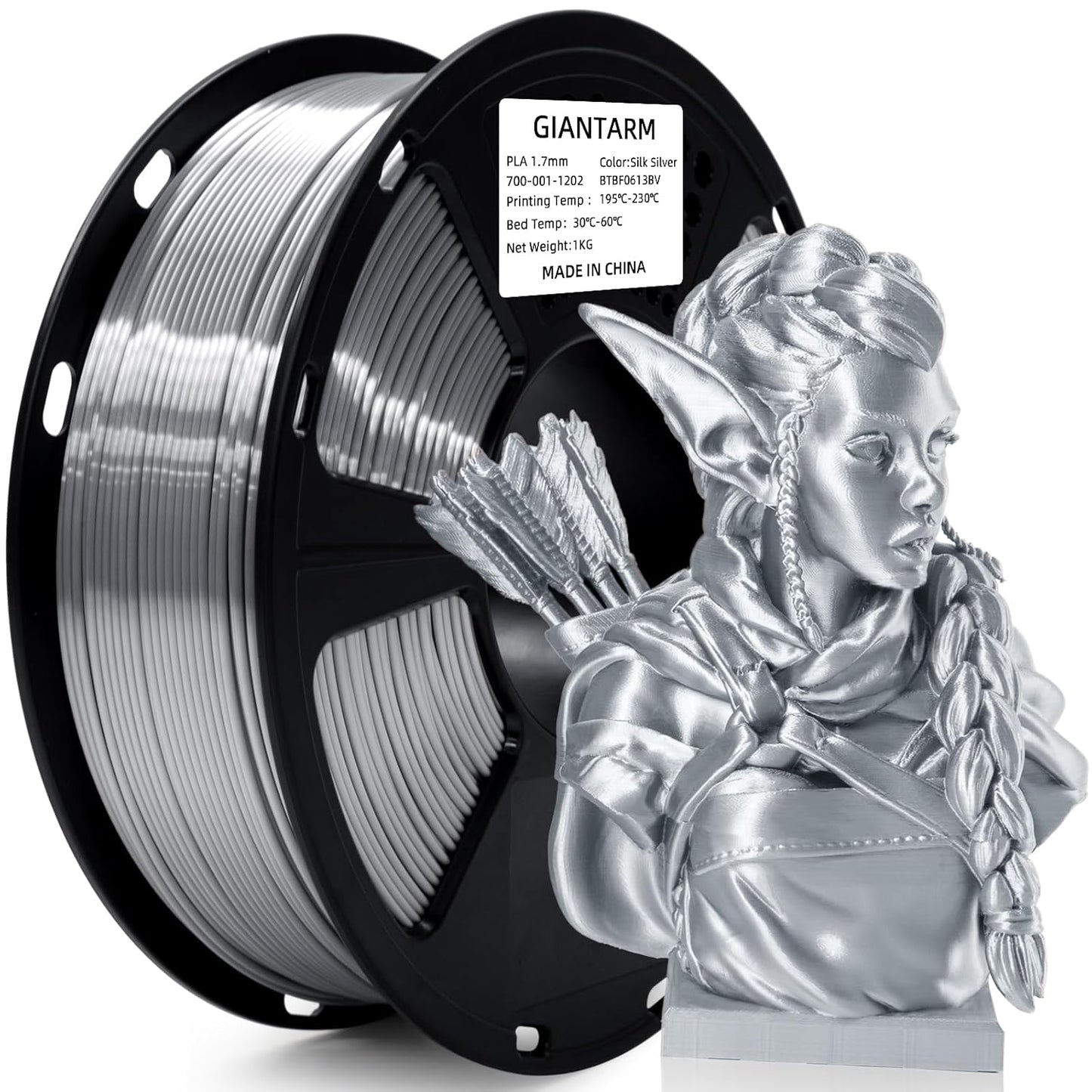 Silk Metallic Silver PLA 3D Printer Filament 1kg Spool 1.75mm Dimensional Accuracy +/-0.03mm 1080 Feet per Roll