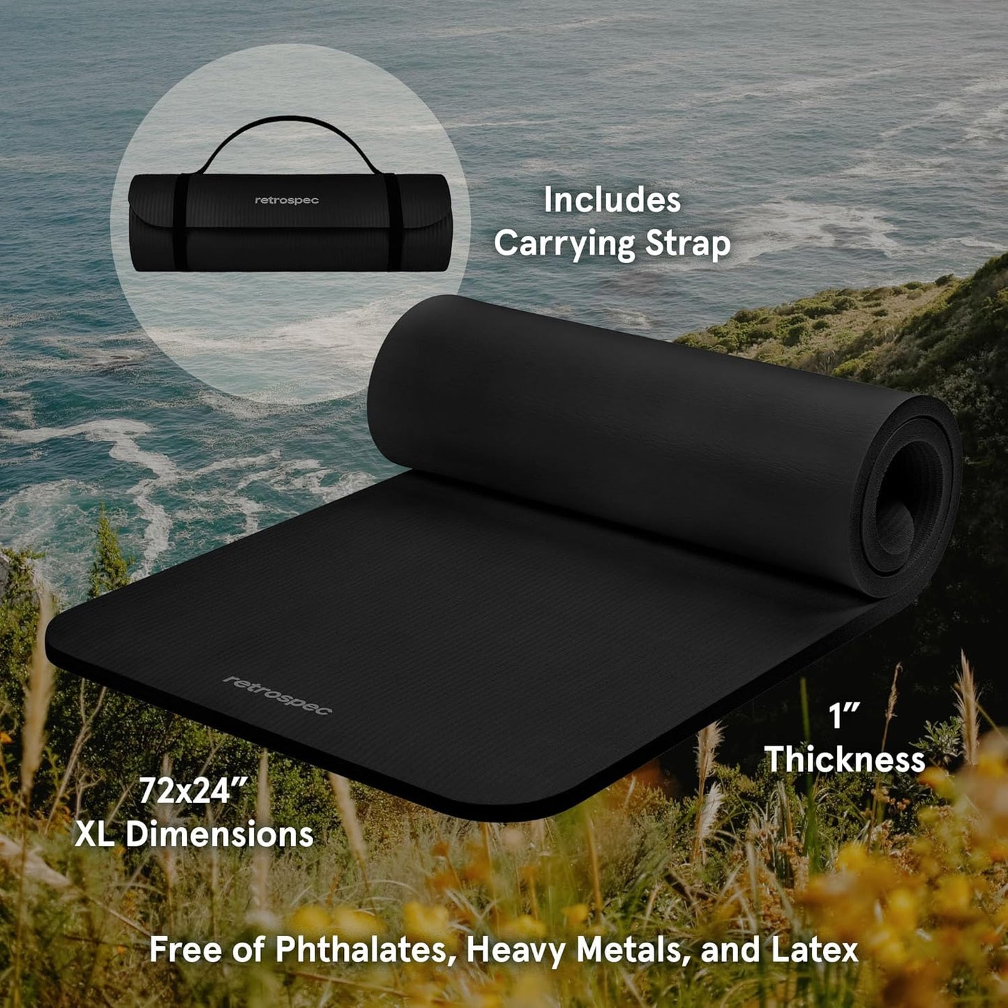Yoga Mat 1" Thick w/Nylon Strap for Men & Women  Non Slip Exercise Mat for Home Yoga Pilates