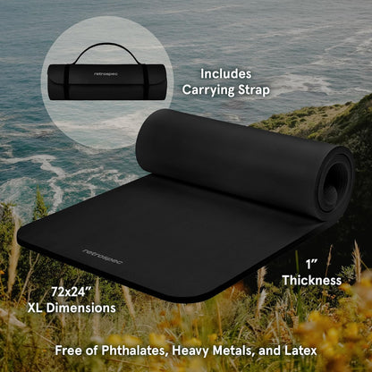 Yoga Mat 1" Thick w/Nylon Strap for Men & Women  Non Slip Exercise Mat for Home Yoga Pilates