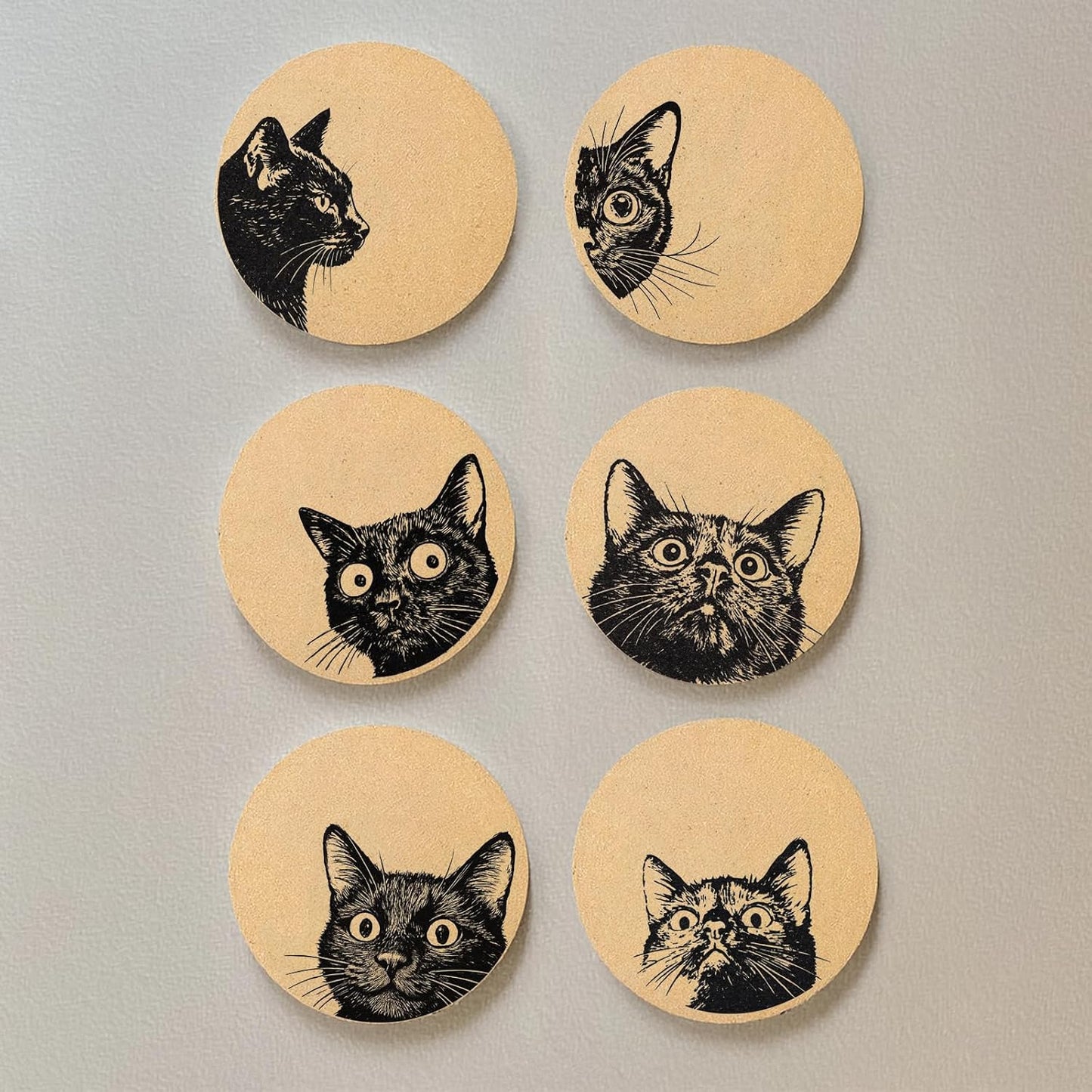 Set of 6 Curious Cat Cork Coaster Absorbent for Office Desk Cat Table Coasters Kitchen Decor House Warming Gifts