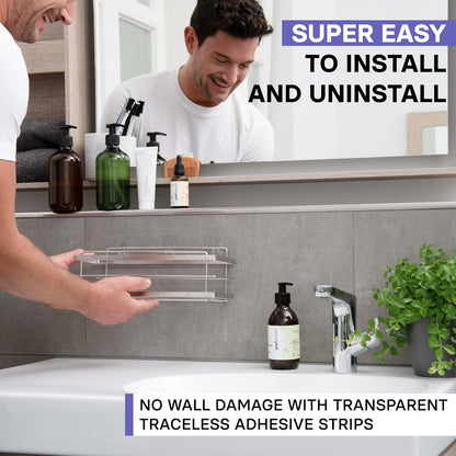 2 Pack Self Adhesive Caddy with 4 Hooks  No Drill Large Capacity Stainless Steel Wall Shelf
