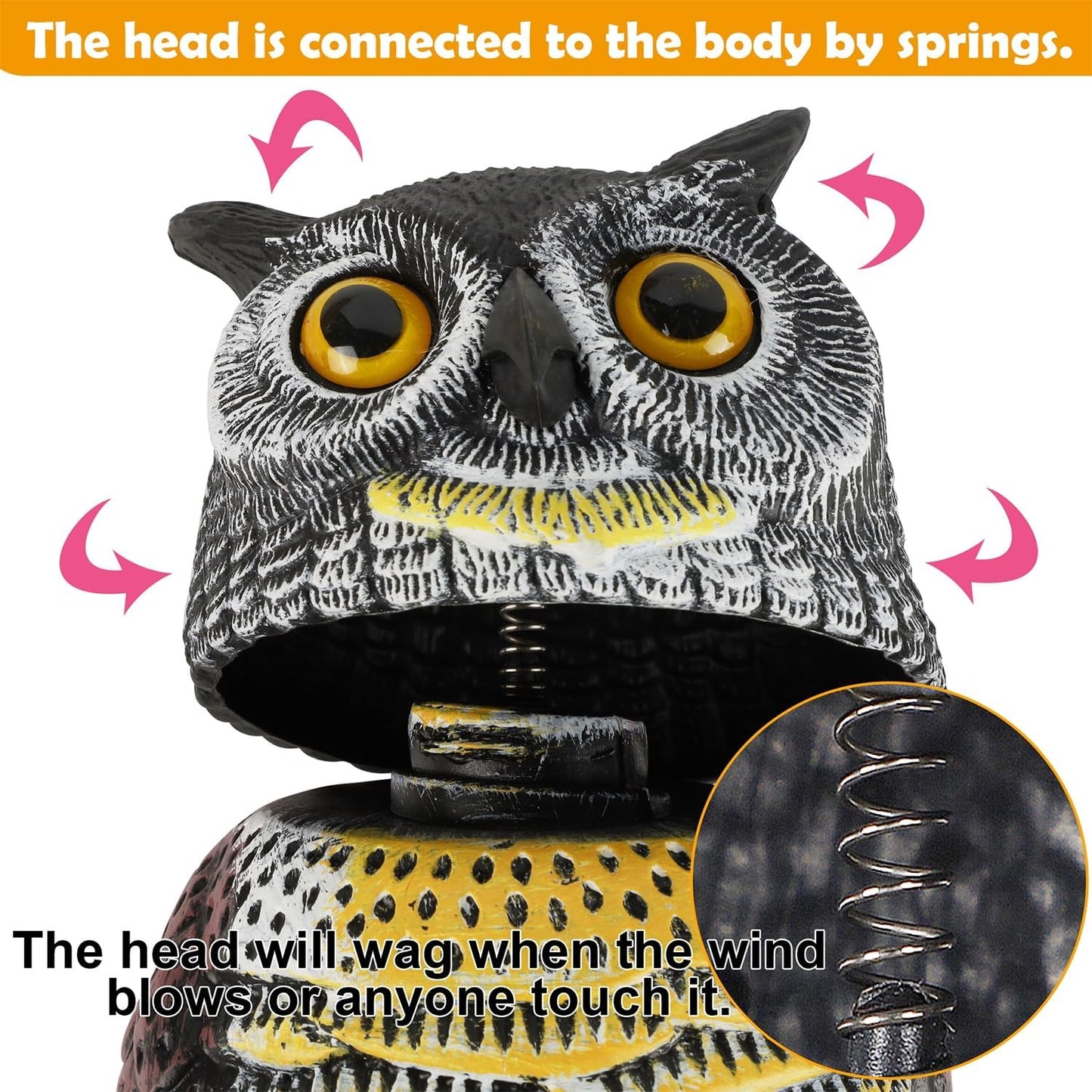 Plastic Fake Owl Wagging Head Outdoor Statues 16.5 inch Bird Scarecrow Horned Decoy Bird Deterrents