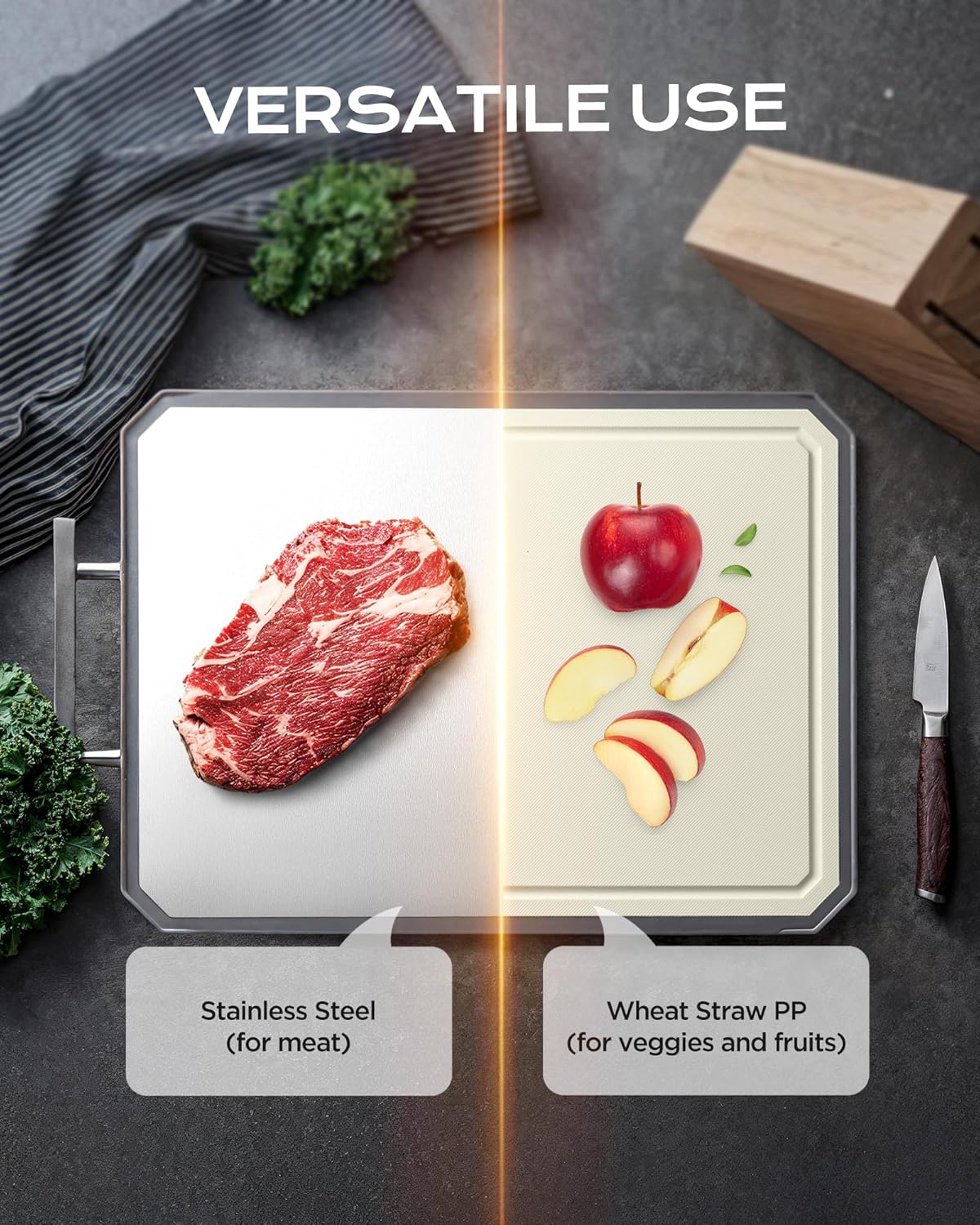 Cutting Board Double Sided Steel Bread Boards for kitchen Stainless Steel Wheat straw pp Large Board for meat