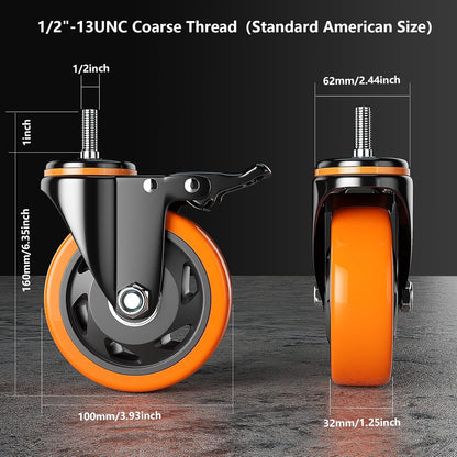 Threaded Stem Casters Set of 4 Heavy Duty 1/2"-13 x 1 (Screw Diameter 1/2" Stem Length 1") Safety Dual Locking Industrial Castors