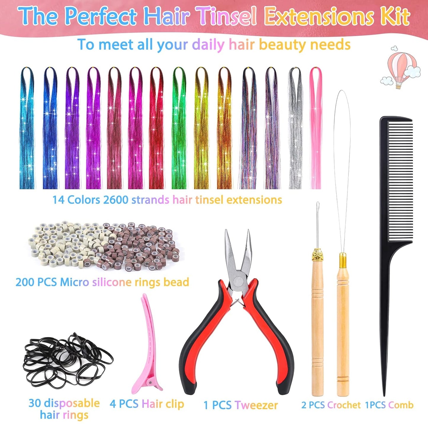47 inch 2800 Strands Tinsel Hair Extensions for Women Girls Fairy Hair Tinsel Glitter Sparkling Shiny Colorful Synthetic Hair
