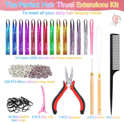 47 inch 2800 Strands Tinsel Hair Extensions for Women Girls Fairy Hair Tinsel Glitter Sparkling Shiny Colorful Synthetic Hair