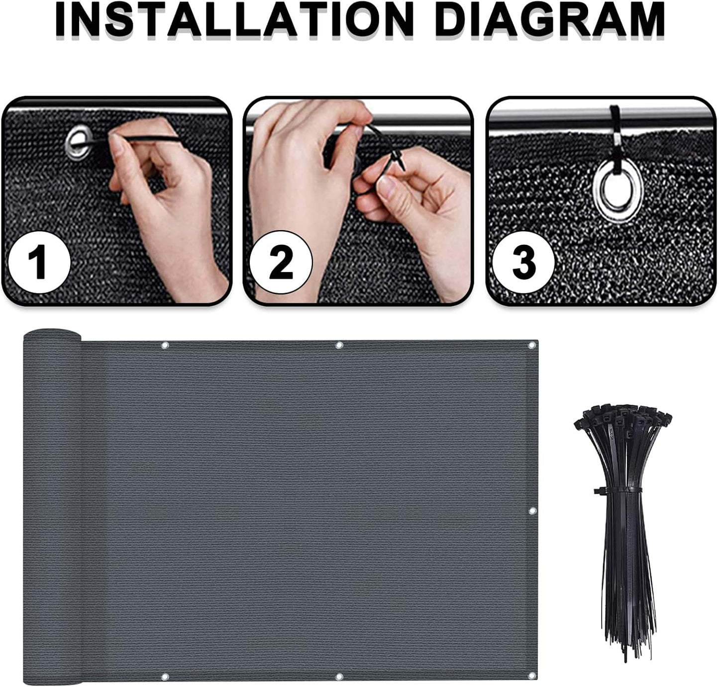 3'x10' Dark Grey Balcony Privacy Screen Fence Cover (HDPE) UV Protection Weather Resistant 3 FT Height Shield for Deck