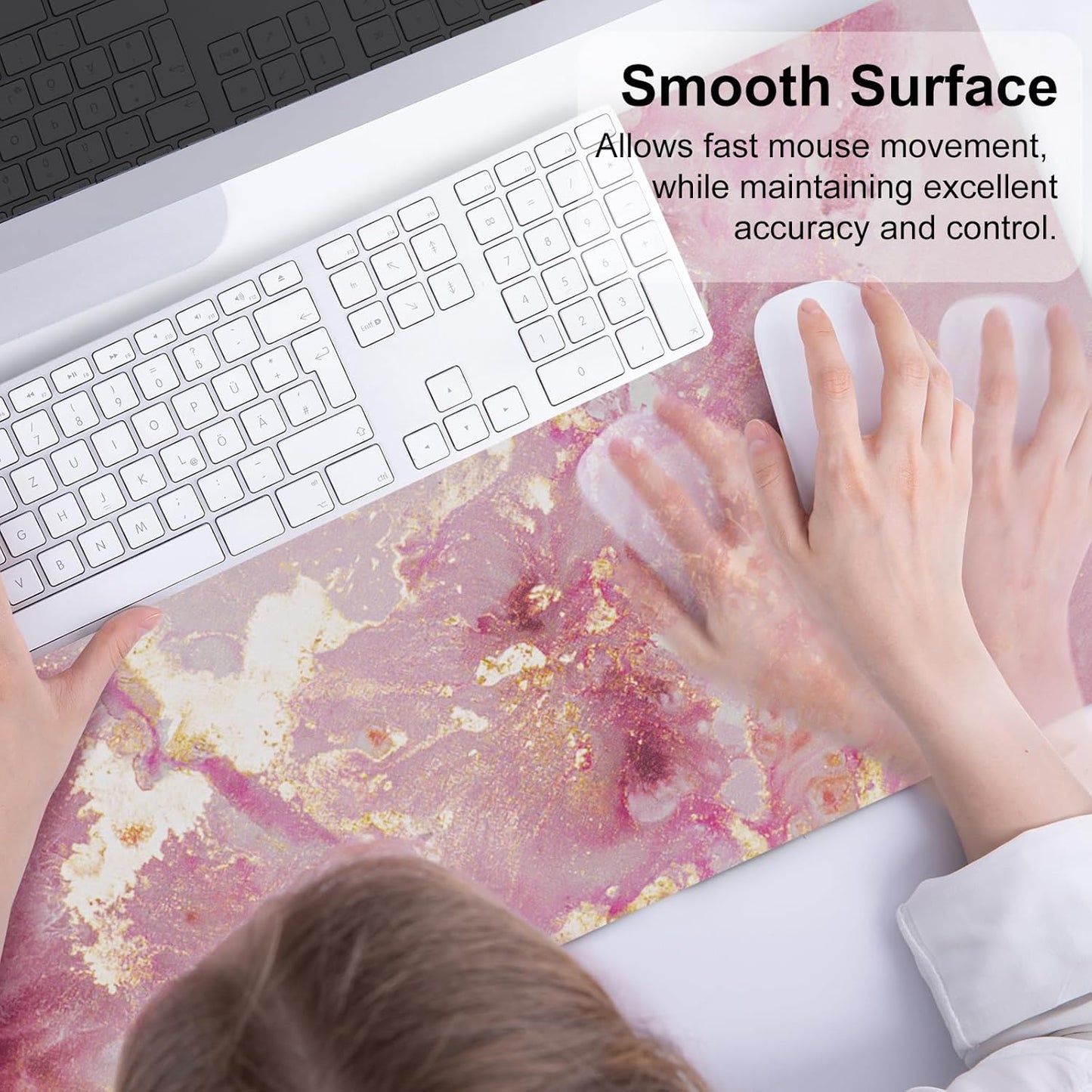 Cute Pink Desk Mat for Desktop Women Girls PU Leather Desk Pad Waterproof Gaming Mousepad Rose Gold Marble