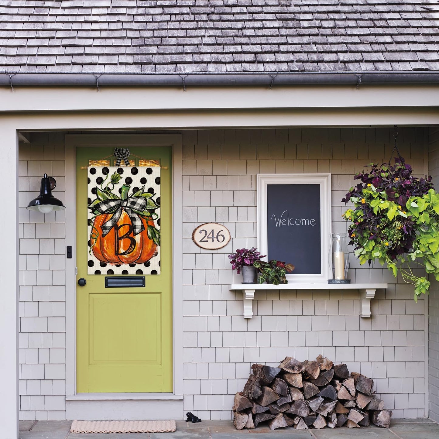 Fall Monogram Letter B House Flag Polka Dot Pumpkin 28x40 Inch Double Sided Outside, Small Burlap Family