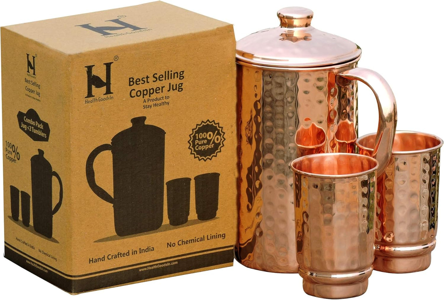 2 Copper Cups Set Pure Copper Water Jug & matching tumblers Set for Home & Wellness