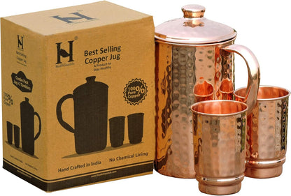 2 Copper Cups Set Pure Copper Water Jug & matching tumblers Set for Home & Wellness